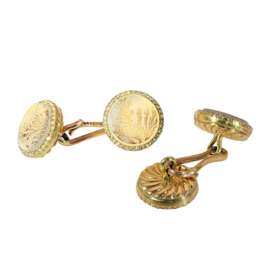 A pair of yellow gold circular cufflinks with moss agate and diamonds