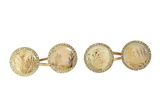 A pair of yellow gold circular cufflinks with moss agate and diamonds