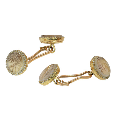 A pair of yellow gold circular cufflinks with moss agate and diamonds