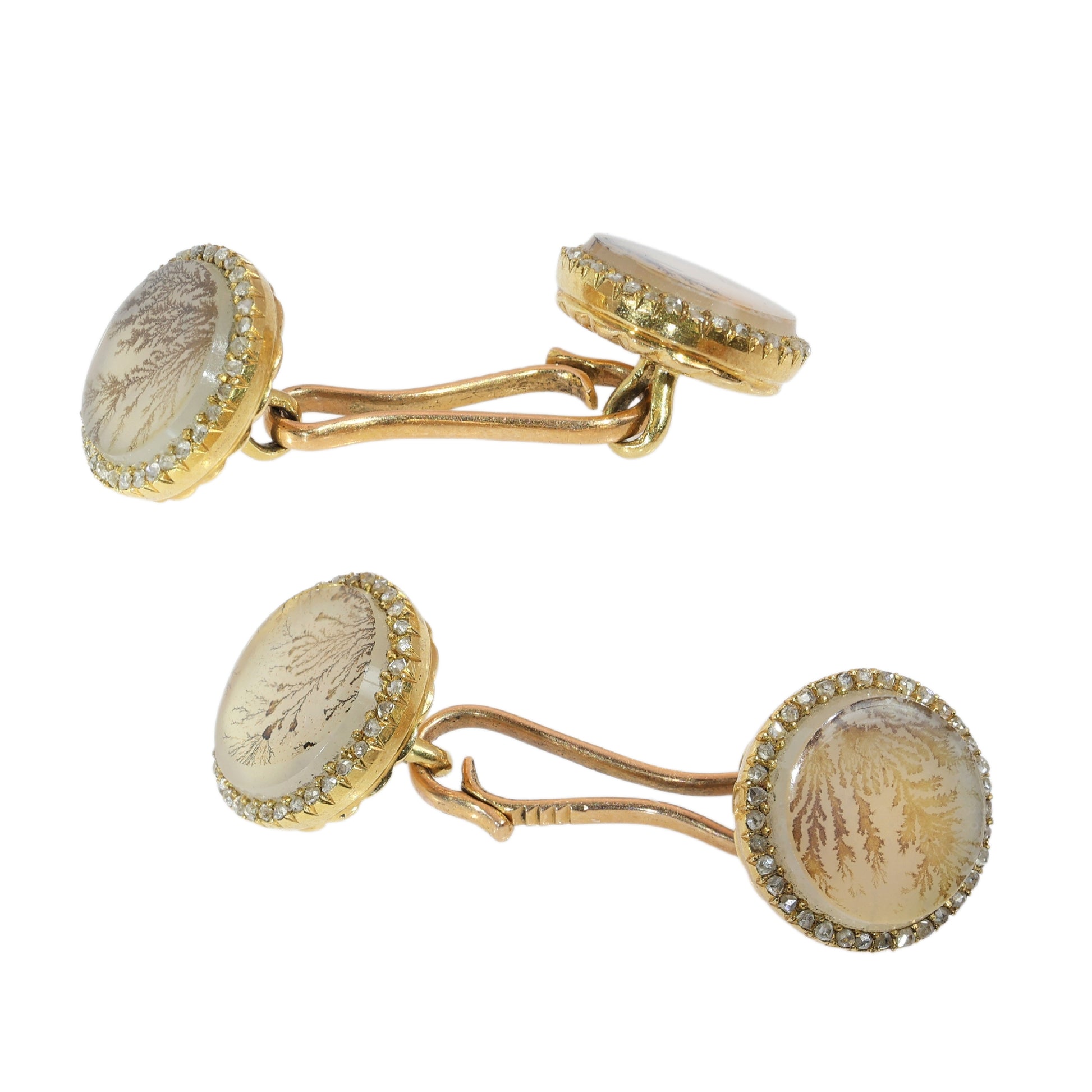 A pair of yellow gold circular cufflinks with moss agate and diamonds