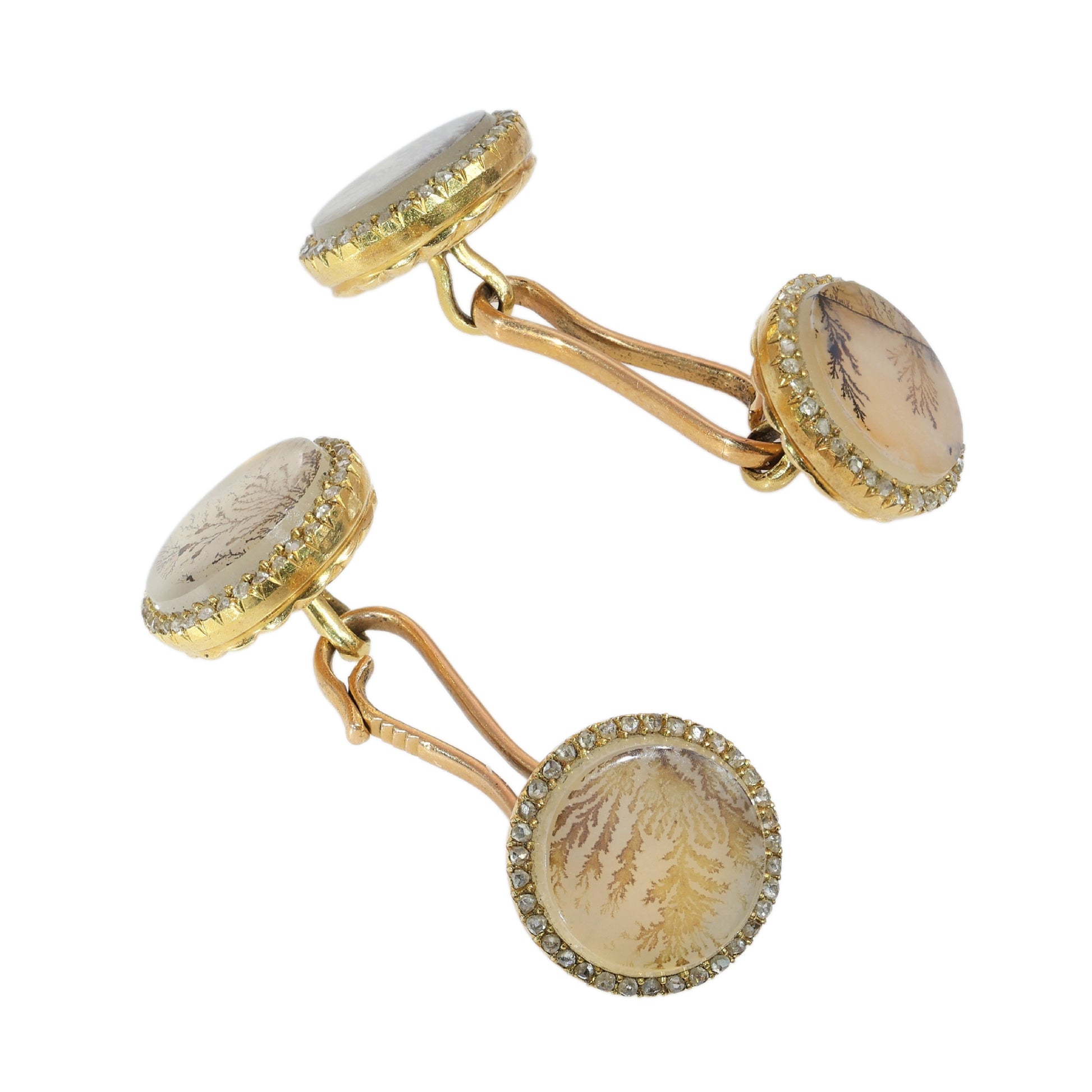 A pair of yellow gold circular cufflinks with moss agate and diamonds