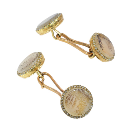 A pair of yellow gold circular cufflinks with moss agate and diamonds