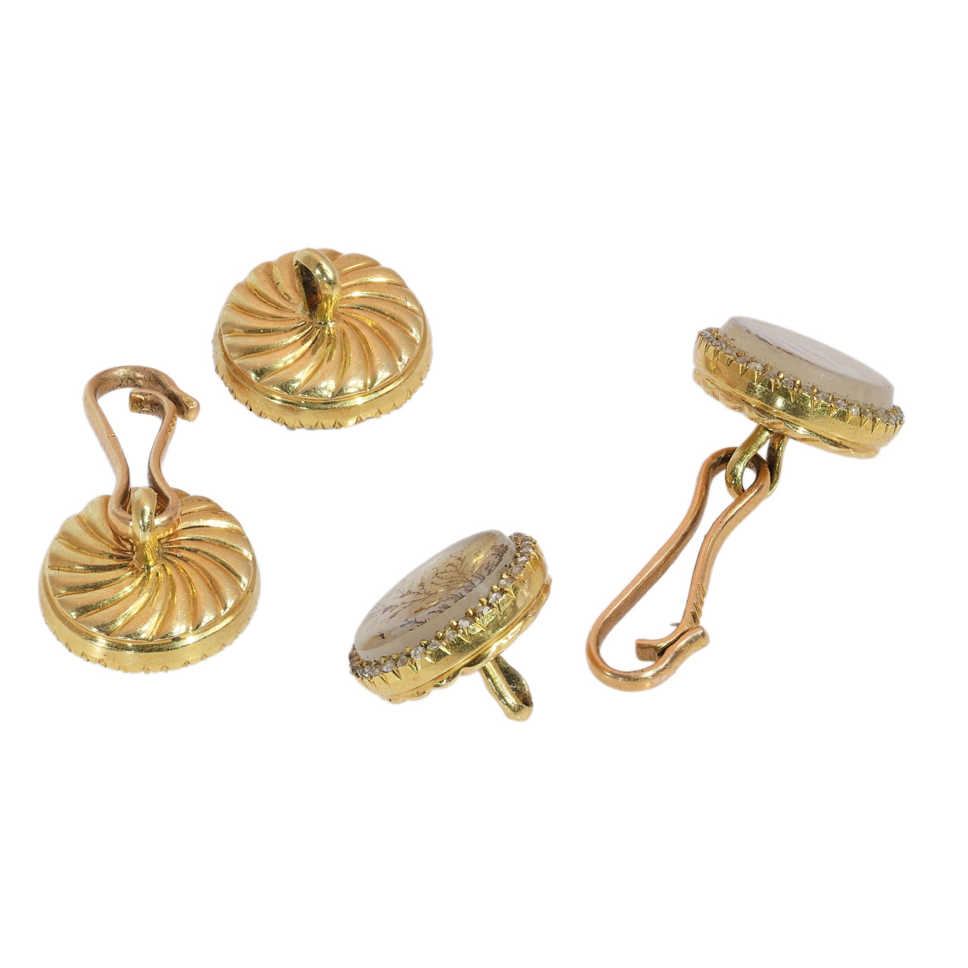 A pair of yellow gold circular cufflinks with moss agate and diamonds
