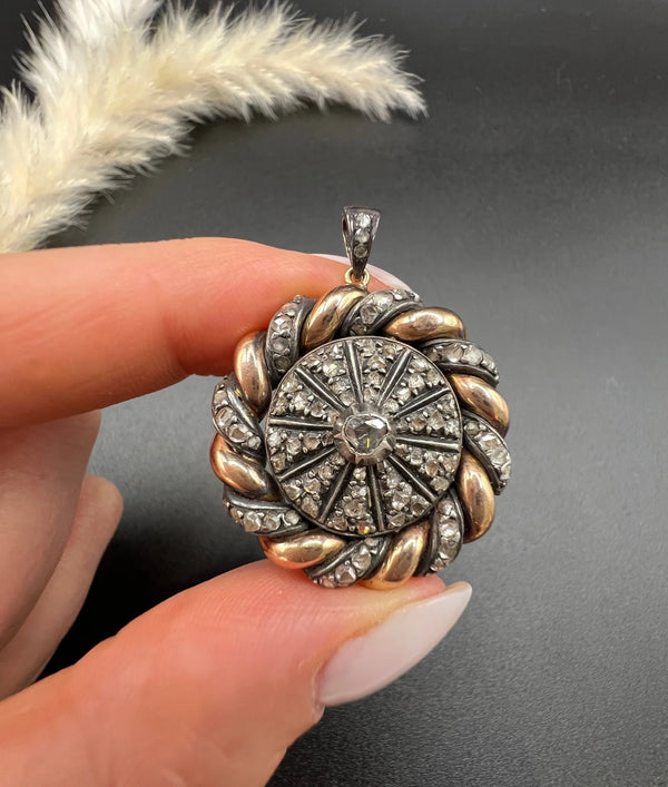 Victorian 18 Carat Yellow Gold and Platinum Diamond Catherine Wheel Pendant