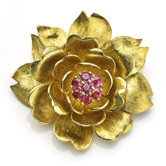 Vintage Ben Rosenfeld Gold Ruby Rose Brooch
