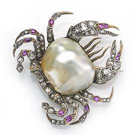 Antique Victorian Pearl, Ruby and Diamond Crab Brooch