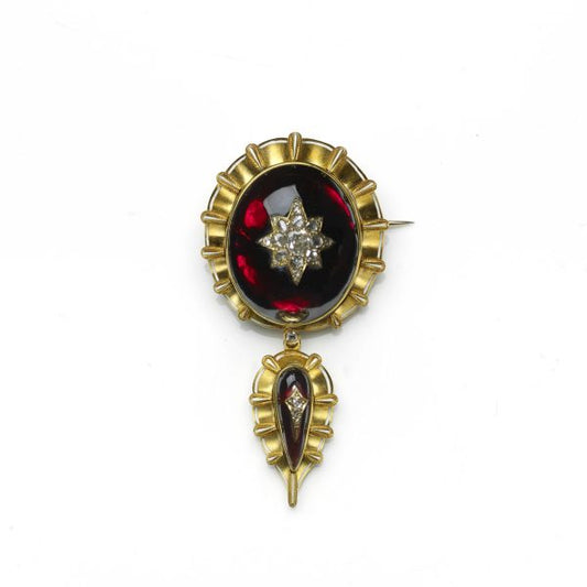 Antique Victorian Cabochon Garnet and Diamond Brooch