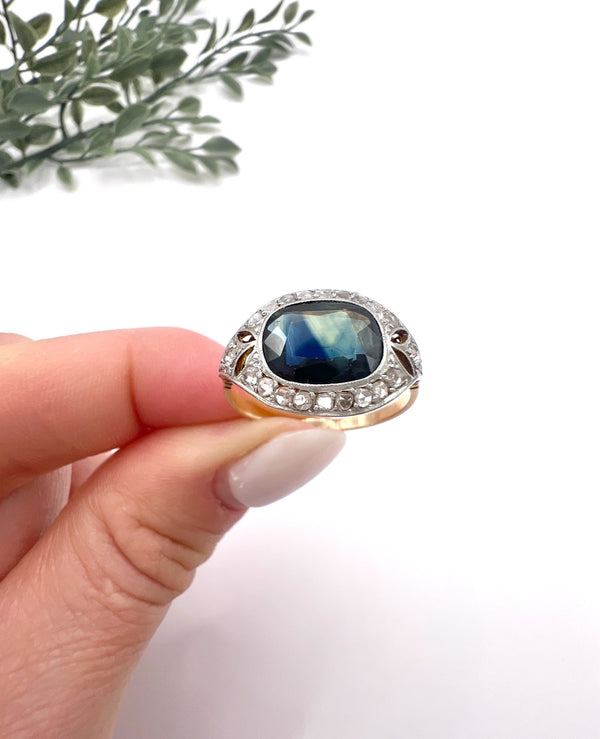 Antique 18ct Gold & Platinum, Edwardian Cushion Cut Sapphire and Diamond Ring