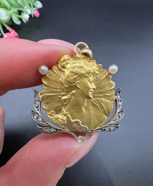 Antique 18 ct Yellow Gold Art Nouveau Diamond And Pearl Portrait Pendant