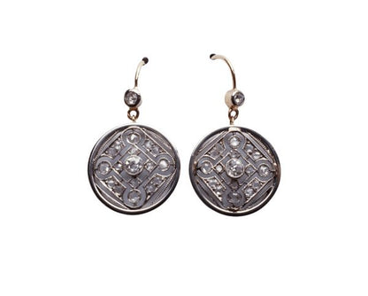 Antique Edwardian Geometric Diamond Drop Earrings; openwork lattice design set with old European cut diamonds and rose cut diamonds, in platinum with 18ct gold backs
