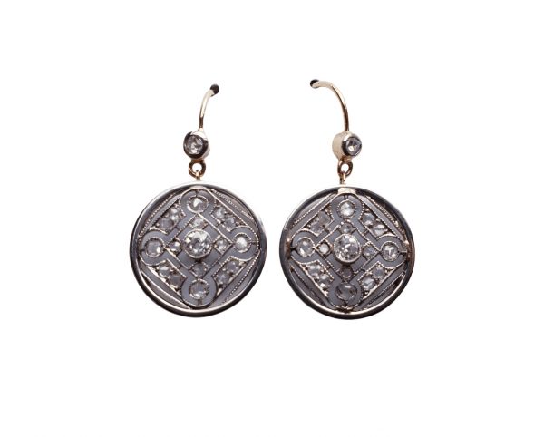 Antique Edwardian Geometric Diamond Drop Earrings; openwork lattice design set with old European cut diamonds and rose cut diamonds, in platinum with 18ct gold backs