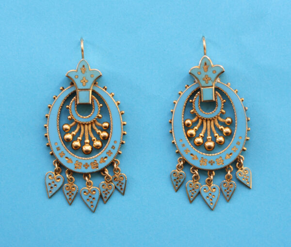 Antique Victorian Blue Enamel and 18ct Gold Drop Earrings; heavenly bright blue enamel and gold floral paillons, and moving heart shaped drops