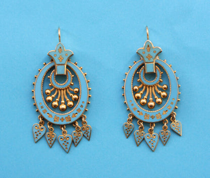 Antique Victorian Blue Enamel and 18ct Gold Drop Earrings; heavenly bright blue enamel and gold floral paillons, and moving heart shaped drops