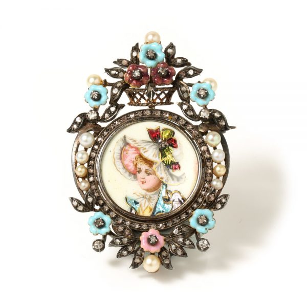 Antique Victorian Enamel Portrait Brooch; enamel portrait of young girl decorated with diamonds, pearls and enamel flowers, in silver and 15ct gold, Circa 1850s