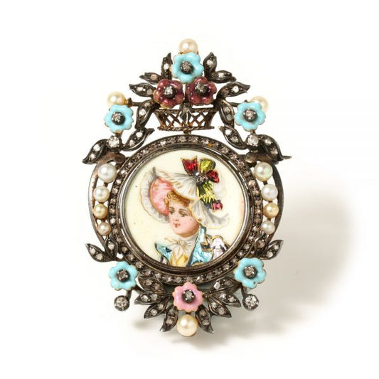 Antique Victorian Enamel Portrait Brooch; enamel portrait of young girl decorated with diamonds, pearls and enamel flowers, in silver and 15ct gold, Circa 1850s