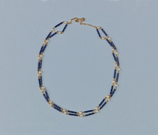 Antique Victorian Natural Pearl and Blue Enamel Long Chain Necklace; alternating natural pearls and royal blue enamel on 18ct yellow gold sticks. France, circa 1890.