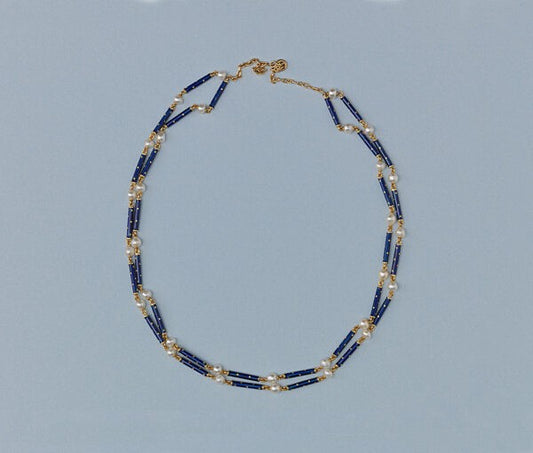 Antique Victorian Natural Pearl and Blue Enamel Long Chain Necklace; alternating natural pearls and royal blue enamel on 18ct yellow gold sticks. France, circa 1890.