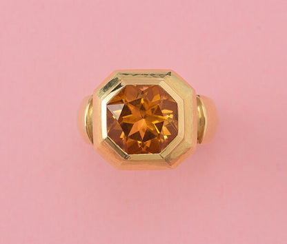 Octagonal Citrine and 18ct Yellow Gold Dress Ring, Signed
