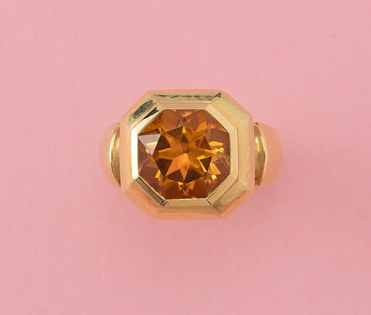 Octagonal Citrine and 18ct Yellow Gold Dress Ring, Signed
