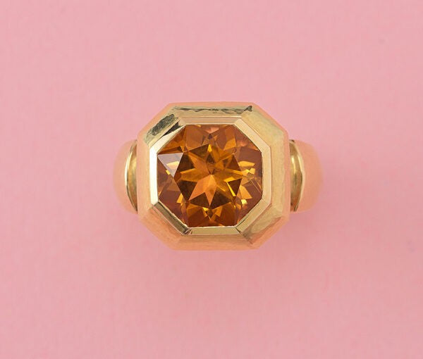 Octagonal Citrine and 18ct Yellow Gold Dress Ring, Signed