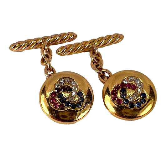Ruby Sapphire Diamond Trefoil Gold Cufflinks