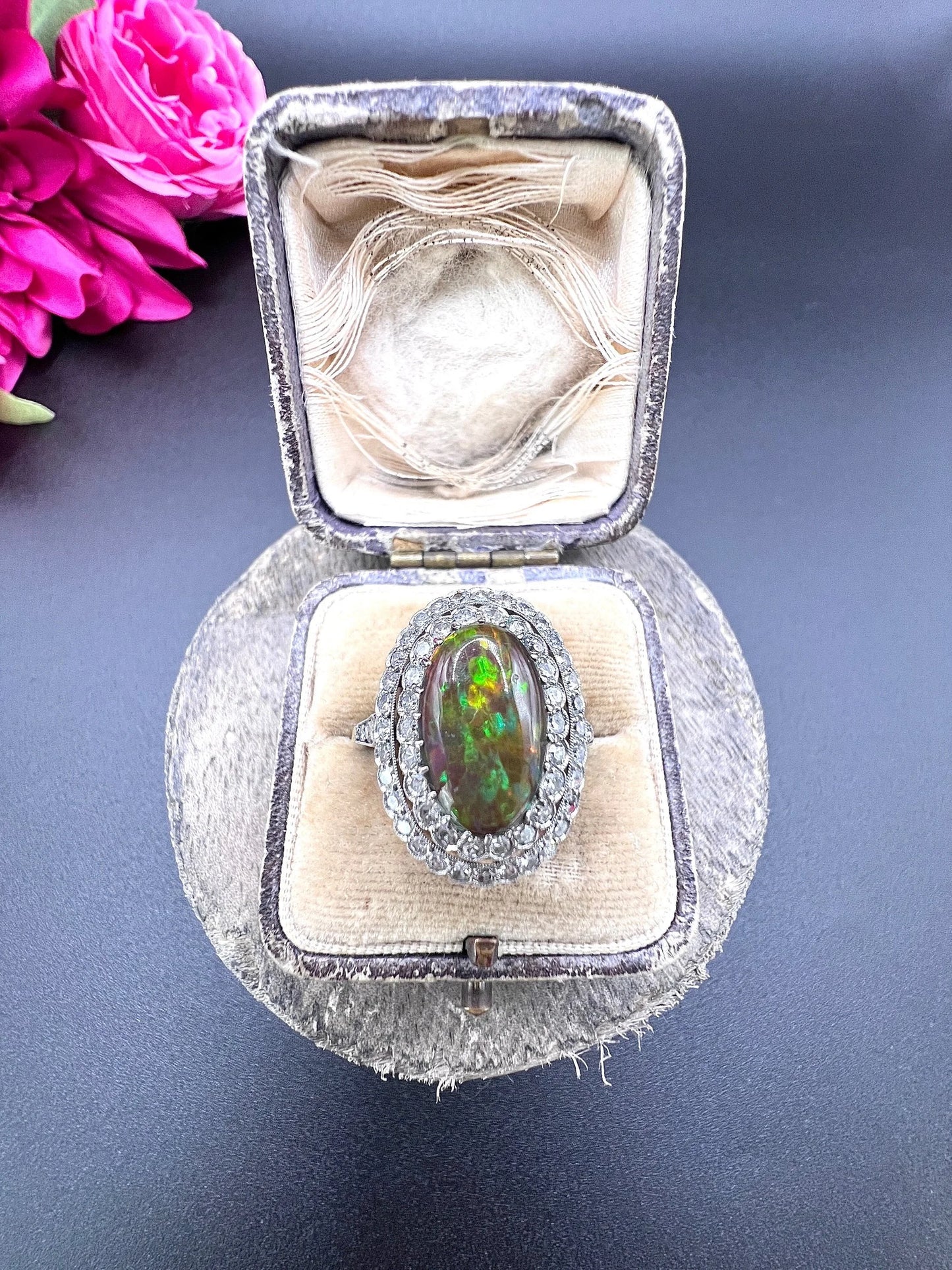 Vintage 18 Carat Gold, Platinum, Black Opal and Diamond Oval Cluster Ring