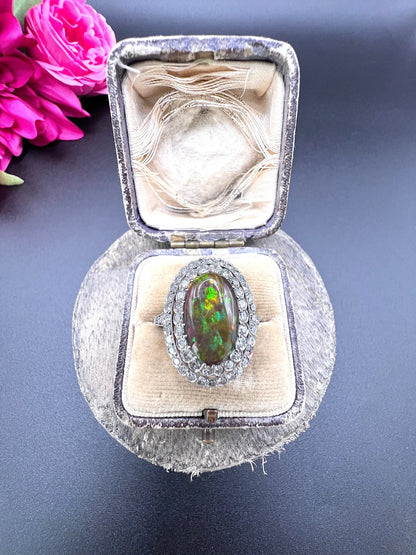 Vintage 18 Carat Gold, Platinum, Black Opal and Diamond Oval Cluster Ring
