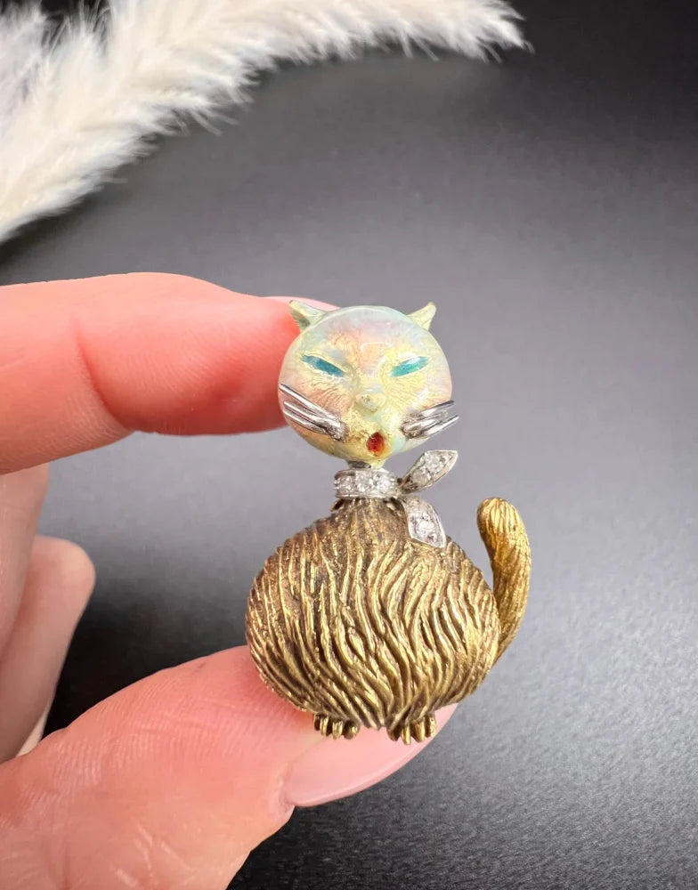 Vintage Enamel And Old Cut Diamond Cat Brooch In 18 Carat Yellow Gold
