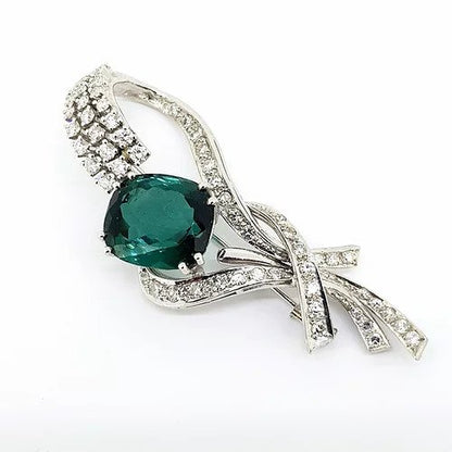Vintage Green Tourmaline and Diamond Cluster Spray Brooch in 18ct White Gold, Circa 1950s