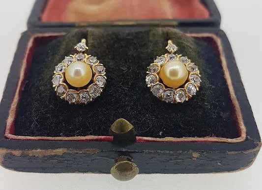 Vintage French Natural Pearl and Rose Cut Diamond Cluster Drop Earrings; natural gold pearls surrounded by rose-cut diamonds, French hallmark