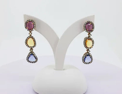 2.69cts Multi Coloured Sapphire and Diamond Cluster Drop Earrings; comprising of a pink, yellow and blue sapphire and diamond cluster