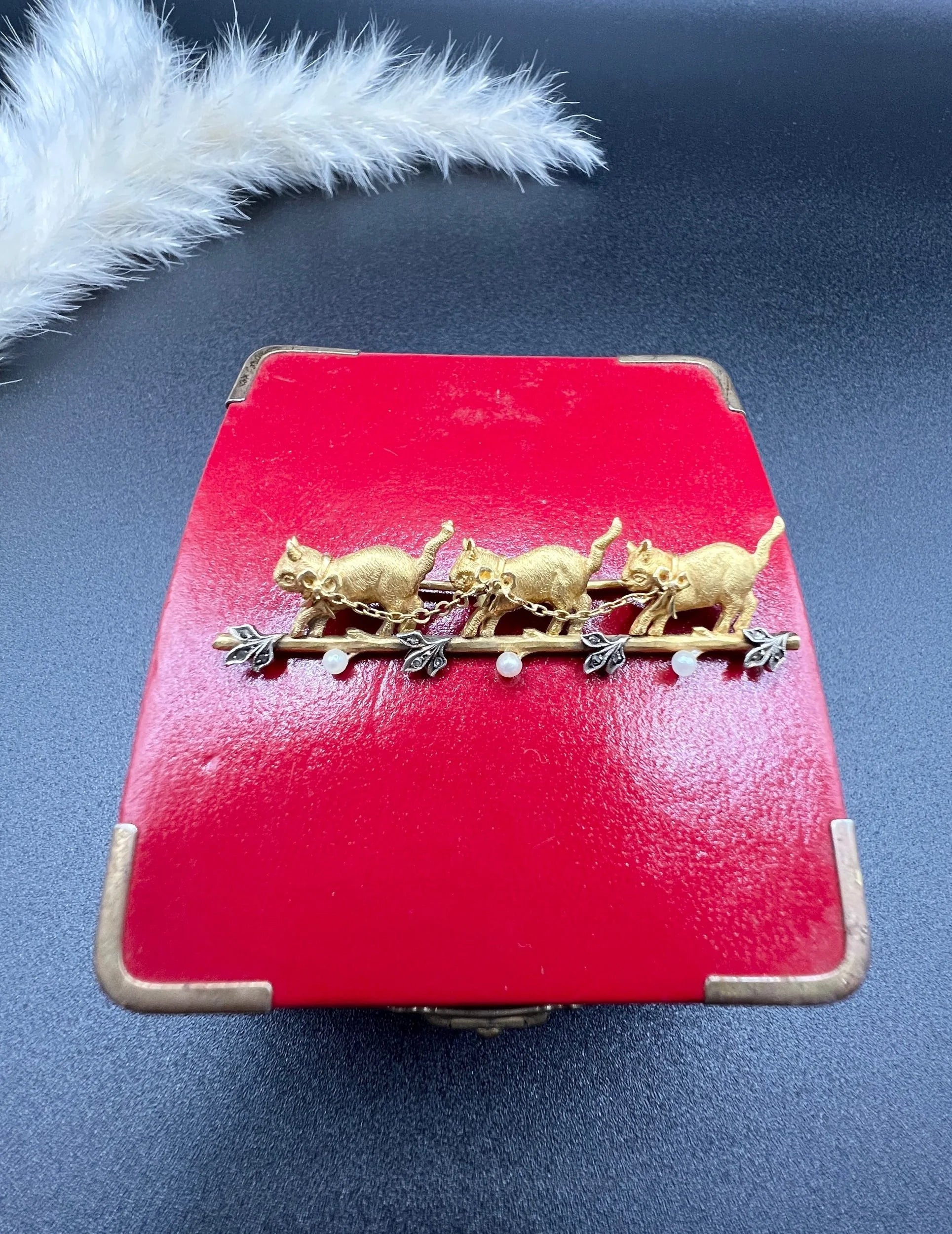 Antique 18 Carat Yellow Gold Diamond and Seed Pearl Cat Brooch, Circa 1910