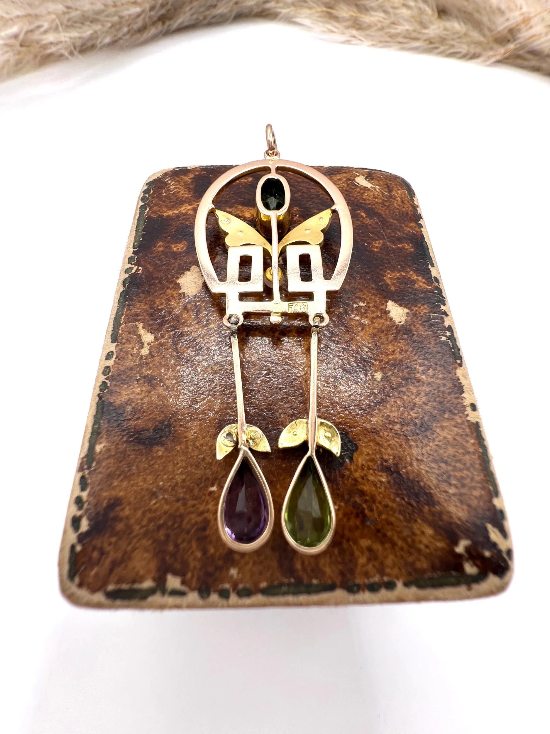 Antique 9 ct Gold, Edwardian Amethyst, Peridot, Seed Pearl And Enamel Suffragette Pendant
