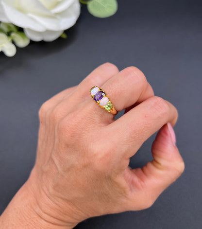 Antique 18 ct Gold, Amethyst, Opal And Peridot Suffragette Ring