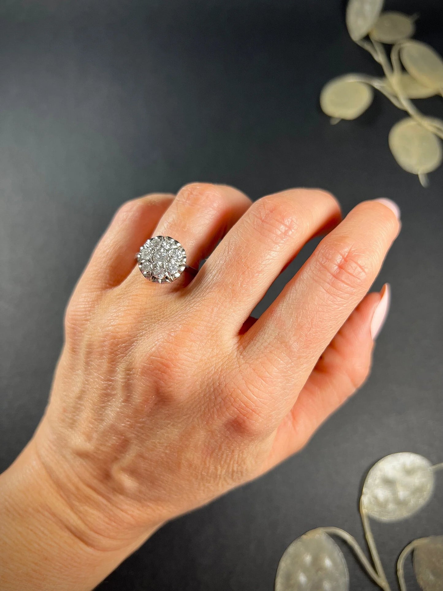 Antique French 18 Carat White Gold Round Diamond Cluster Ring, Circa 1920
