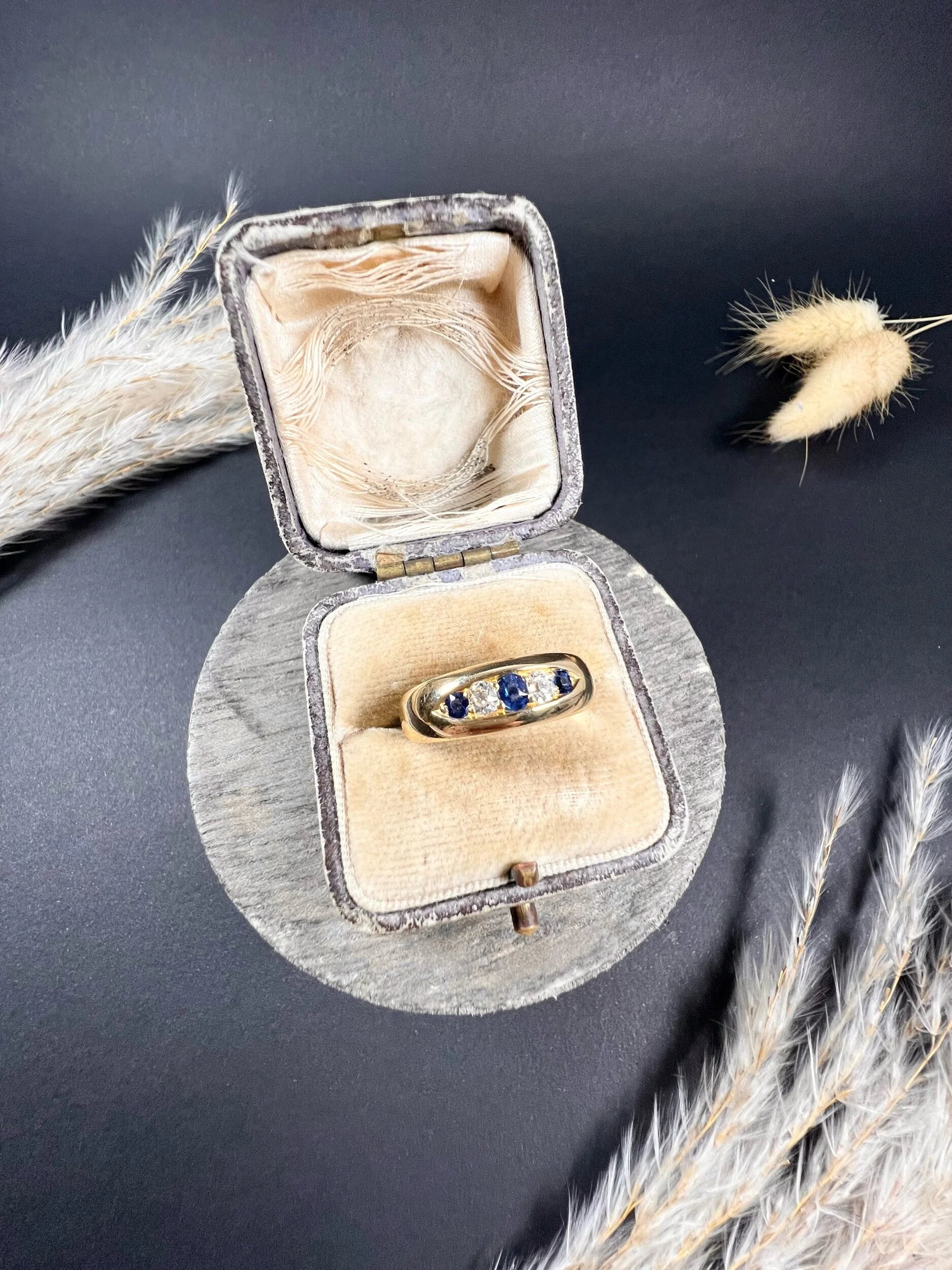 Antique 18ct Yellow Gold, Birmingham Hallmarked 1891, Victorian Sapphire & Diamond Five Stone Gypsy Band Ring