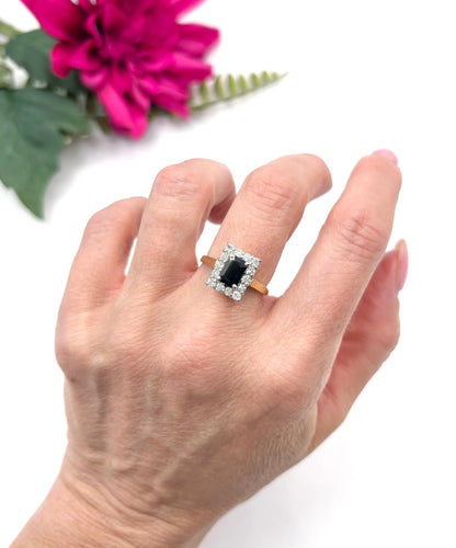 Vintage 18 Carat Gold Sapphire and Diamond Rectangular Cluster Ring, Birmingham 1989