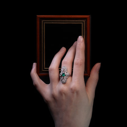 Antique Art Deco Emerald and Diamond Tablet Ring