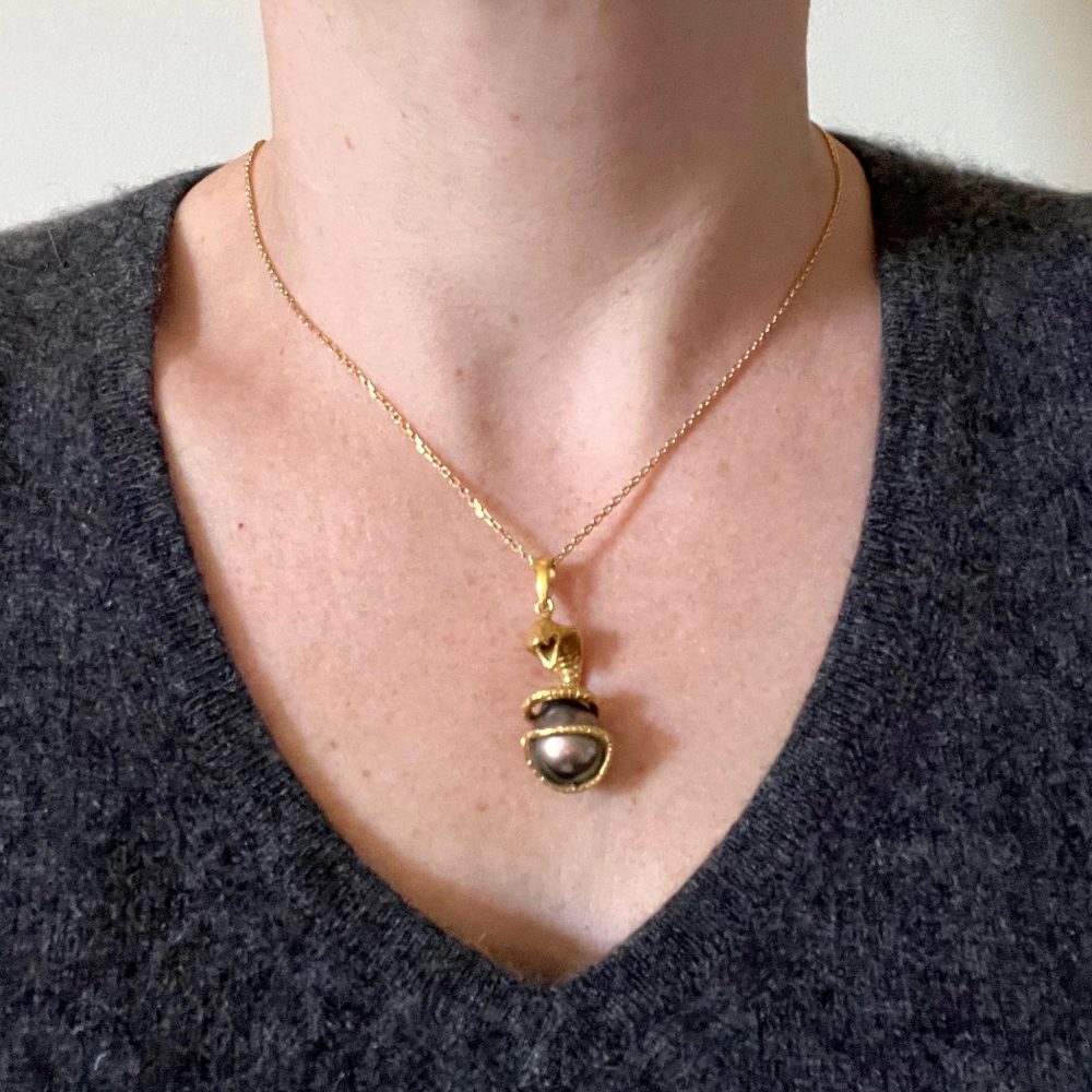 King Cobra Snake and Black Tahitian Pearl Pendant