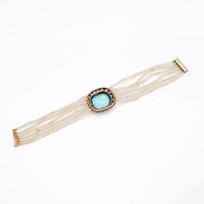 Antique Aquamarine and Diamond Cluster Pearl Bracelet