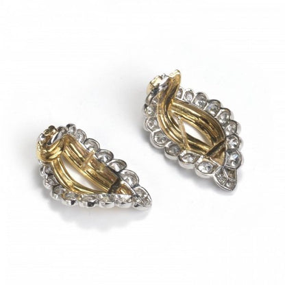 Vintage Gold, Platinum and Diamond Leaf Shaped Earrings, 3.50 carat total, Circa 1950s-1960s