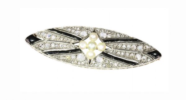 Vintage Art Deco Pearl Onyx and Diamond Brooch, Silver and Gold