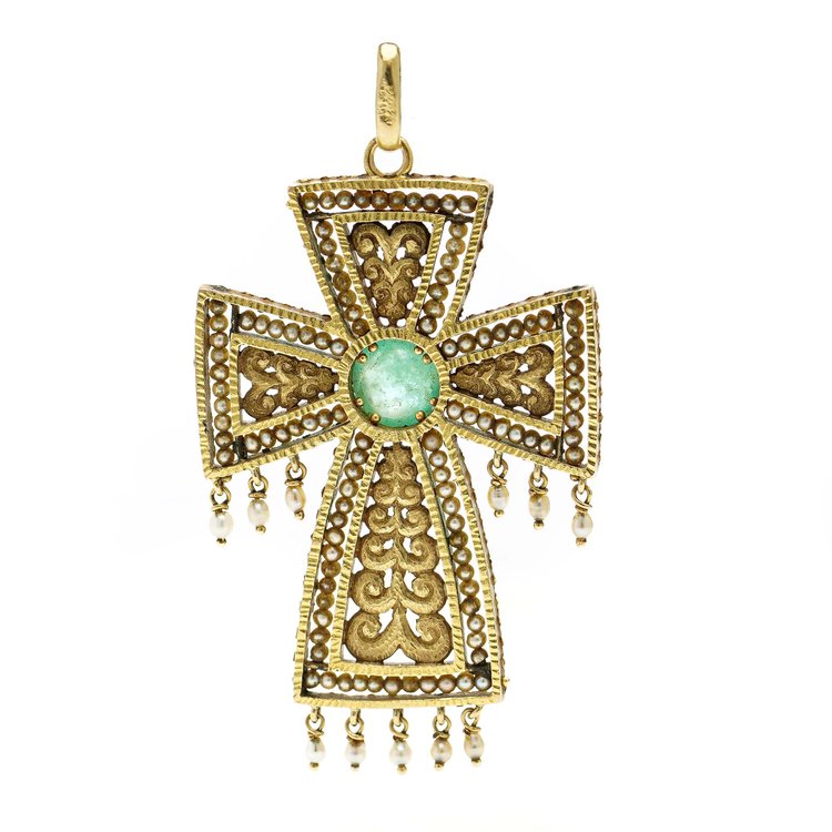 Byzantine Inspired 18ct Yellow Gold Filigree Cross Pendant with Cabochon Emerald and Seed Pearls