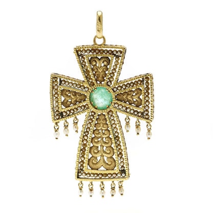 Byzantine Inspired 18ct Yellow Gold Filigree Cross Pendant with Cabochon Emerald and Seed Pearls