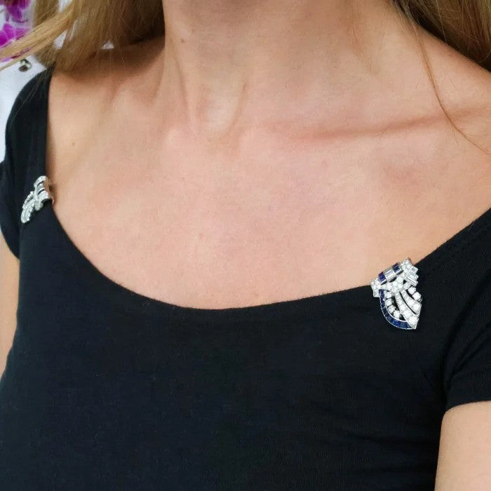 Art Deco Tiffany and Co Sapphire Diamond and Platinum Double Clip Brooch