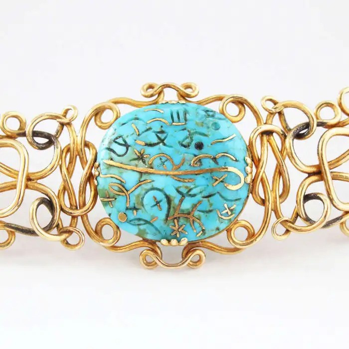 Antique Art Nouveau Iranian Turquoise and 14ct Yellow Gold Wire Choker Necklace