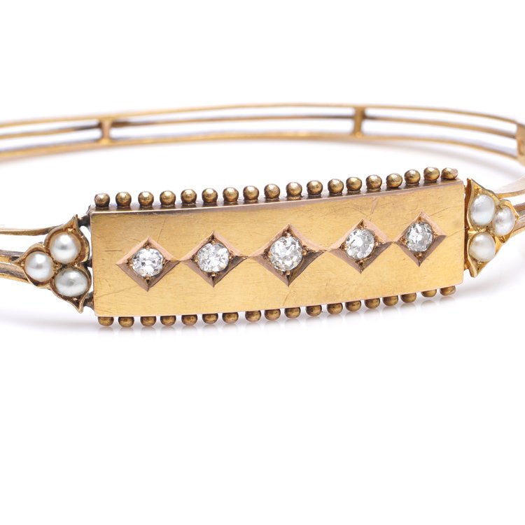 Antique Natural Pearl and Old Cut Diamond 15ct Gold Bangle Bracelet