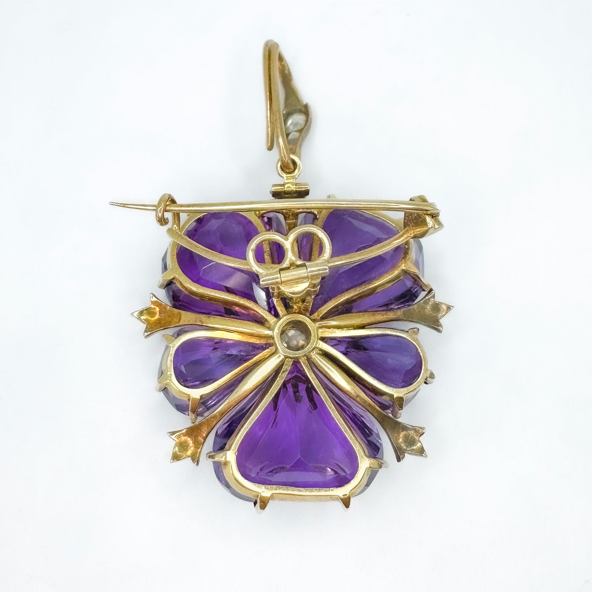 Victorian Antique Carved Amethyst and Diamond Flower Pendant come Brooch