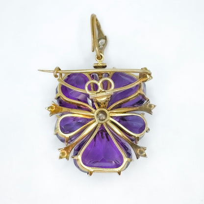Victorian Antique Carved Amethyst and Diamond Flower Pendant come Brooch