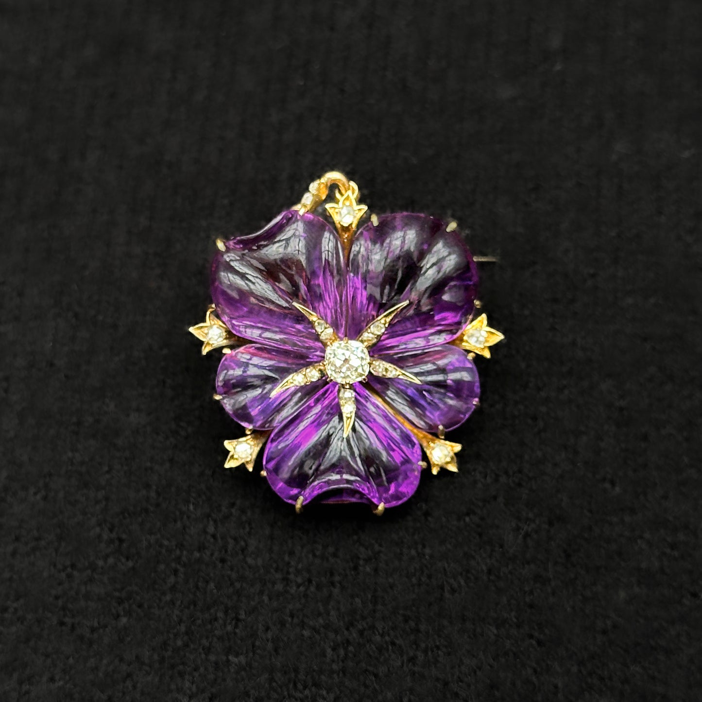 Victorian Antique Carved Amethyst and Diamond Flower Pendant come Brooch